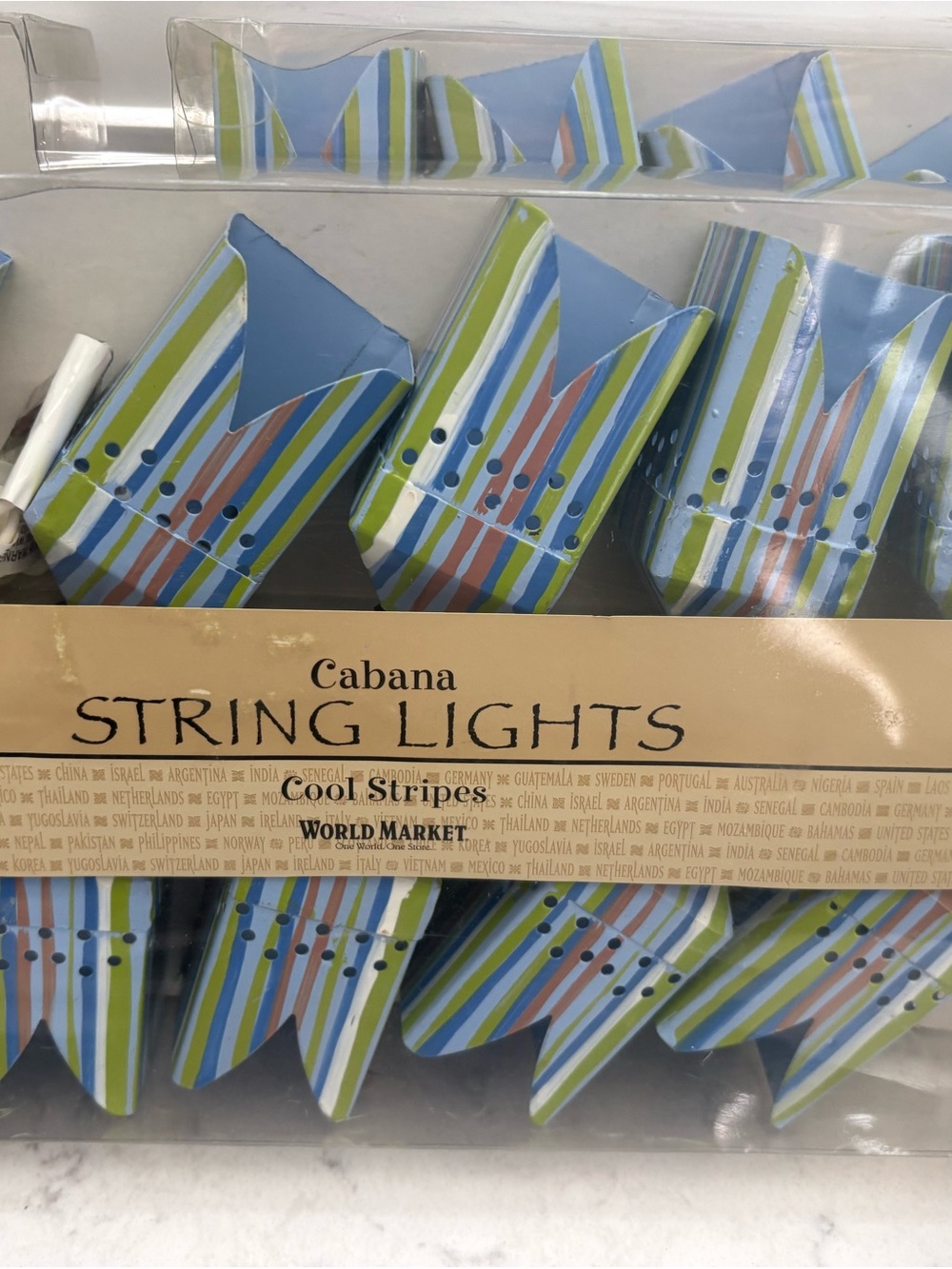 3 new sets Cost Plus World Market Cabana String Lights – Cool Stripes Blue/Green
